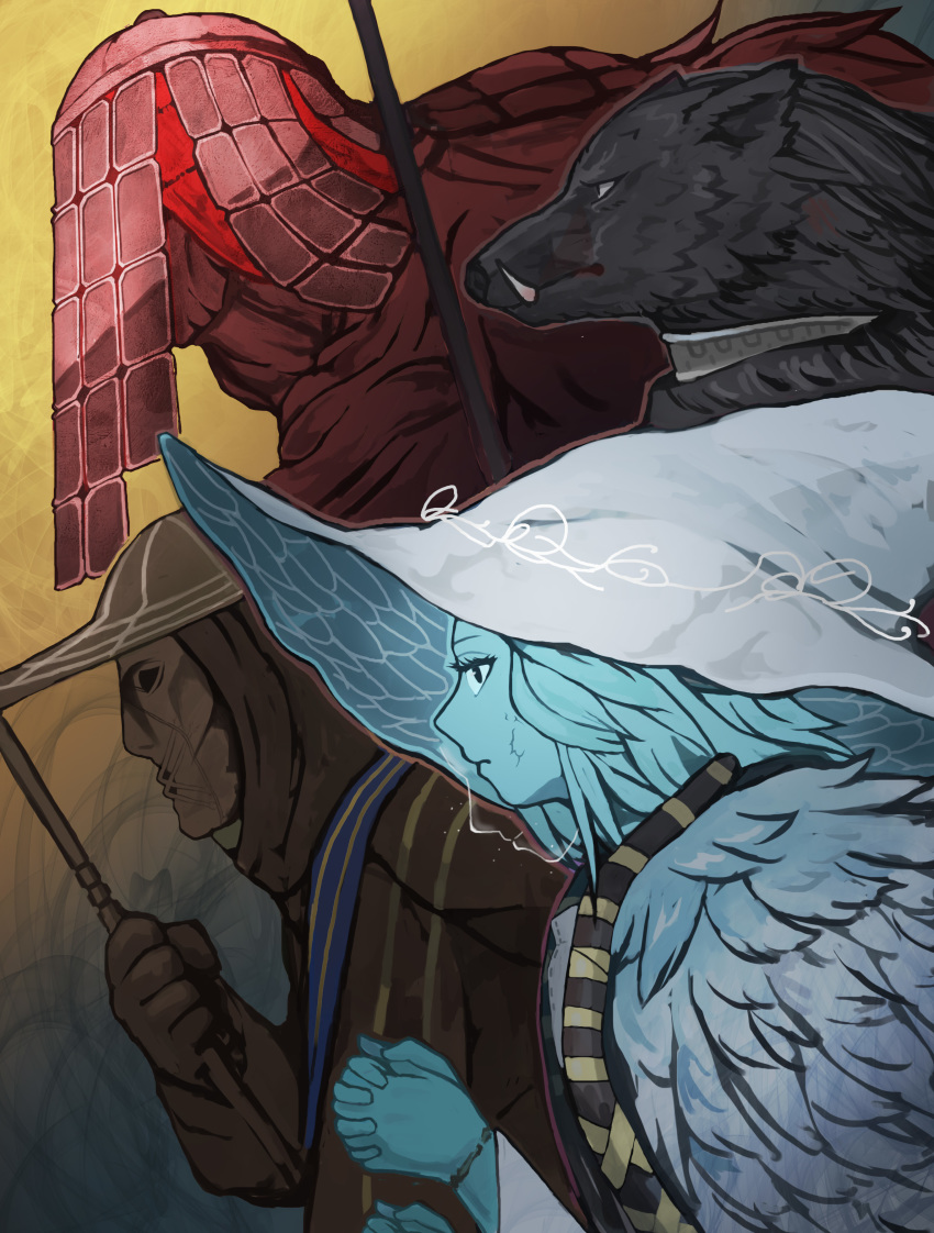 1girl, 3boys, absurdres, akumesik, blaidd_the_half-wolf, blue_hair, blue_skin, cloak