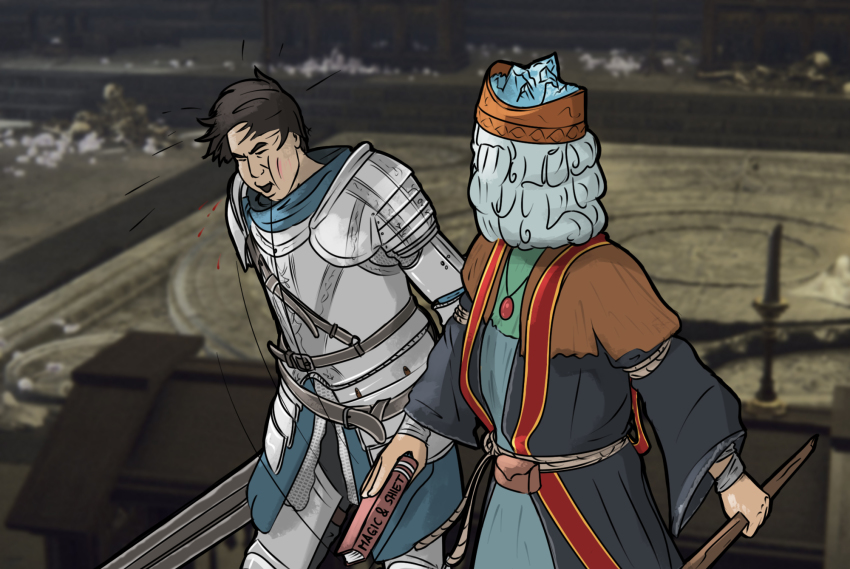 1boy, 1other, armor, black_hair, book, breastplate, closed_eyes, commentary, elden_ring, english_commentary, fromsoftware, helmet, highres, holding, holding_book, holding_staff, holding_sword, holding_weapon, jewelry, lebeauviolette, meme, necklace, parody, pauldrons, pouch, raya_lucaria_sorcerer, robe, rope_belt, shoulder_armor, slapping, staff, sword, tarnished_(elden_ring), weapon, will_smith_slapping_chris_rock_(meme)