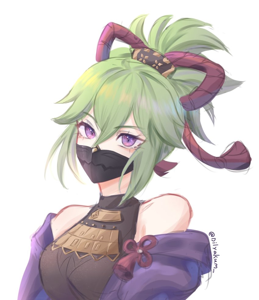 1girl, black_mask, breasts, dilyakum, genshin_impact, green_hair, hair_ornament, highres, hood, hoodie, imminent_hit, jacket, kuki_shinobu, looking_at_viewer, mask, mouth_mask, ninja_mask, ponytail, purple_eyes, purple_hoodie, purple_jacket, solo