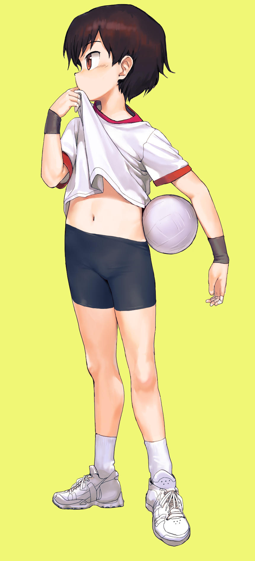 1girl, bad_id, bad_twitter_id, ball, bike_shorts, brown_eyes, brown_hair, child, clothes_lift, duplicate, female_focus, full_body, girls_und_panzer, gym_uniform, hand_to_own_mouth, highres, holding, holding_ball, isobe_noriko, lifting_own_clothes, looking_away, looking_to_the_side, navel, original, pixel-perfect_duplicate, shirt, shirt_lift, shoes, short_hair, short_sleeves, shorts, simple_background, sneakers, socks, solo, sportswear, standing, t-shirt, thigh_shorts, volleyball, volleyball_(object), white_shirt, white_shoes, white_socks, wiping_sweat, wiping_with_clothes, wristband, yellow_background, zhongye_yu