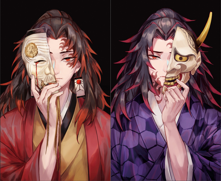 2boys, between_fingers, black_background, black_hair, blood, bloody_tears, broken_mask, brothers