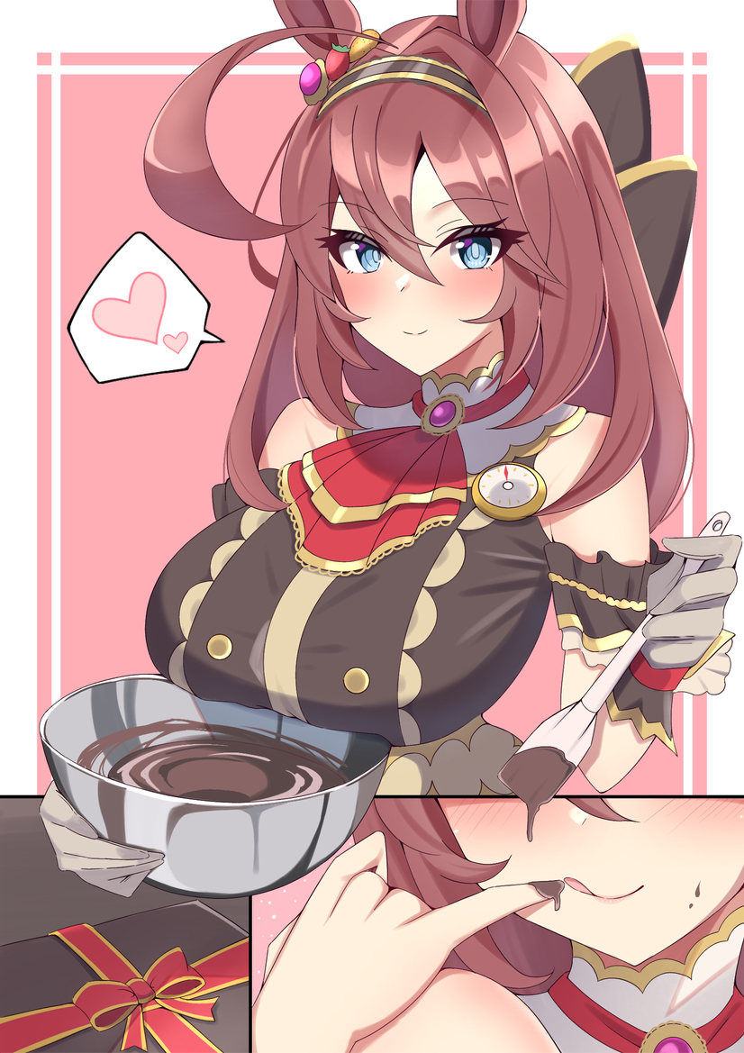 :p, ahoge, animal_ears, blue_eyes, blush, bowl, breasts, brown_hair