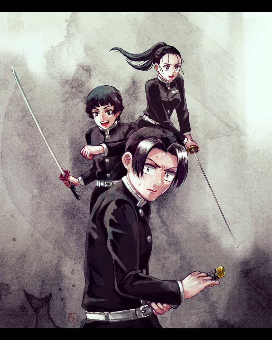 1girl, 2boys, :d, belt, black_jacket, black_pants, blunt_bangs, breasts