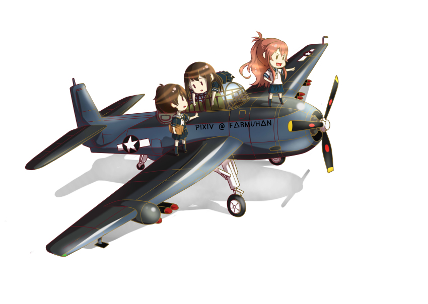 3girls, absurdres, aircraft, airplane, akagi_(kancolle), brown_hair, fairy_(kancolle), farmuhan