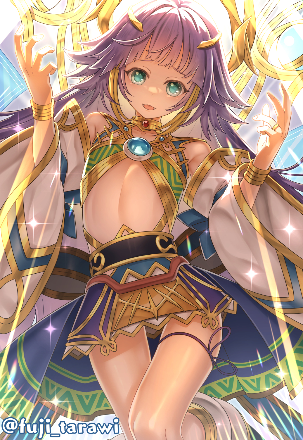 1girl, bangle, bare_shoulders, blunt_bangs, bracelet, detached_sleeves, duel_monster, flat_chest, fuji_tarawi, green_eyes, highres, ib_(yu-gi-oh!), ib_the_world_chalice_justiciar, jewelry, long_hair, miniskirt, open_mouth, purple_hair, revealing_clothes, skirt, smile, solo, yu-gi-oh!