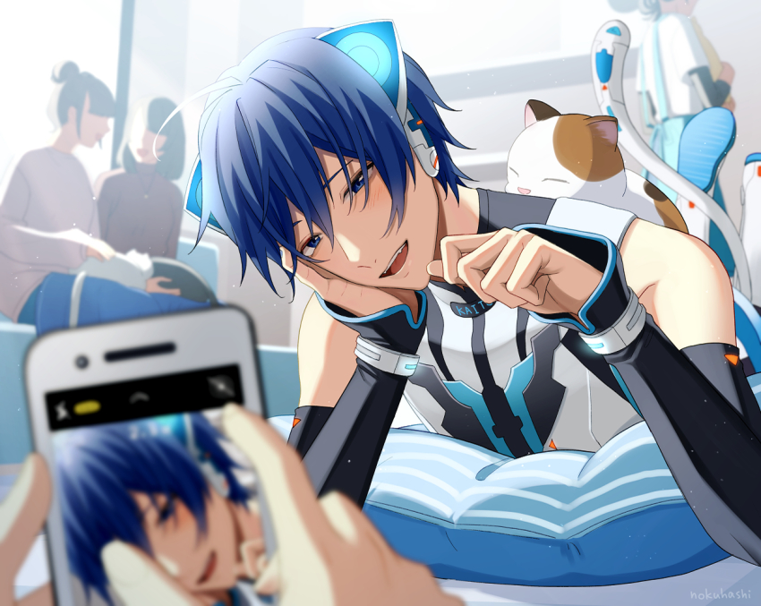 1boy, animal_ears, blue_eyes, blue_hair, cat_day, cat_ears, cat_tail, holding