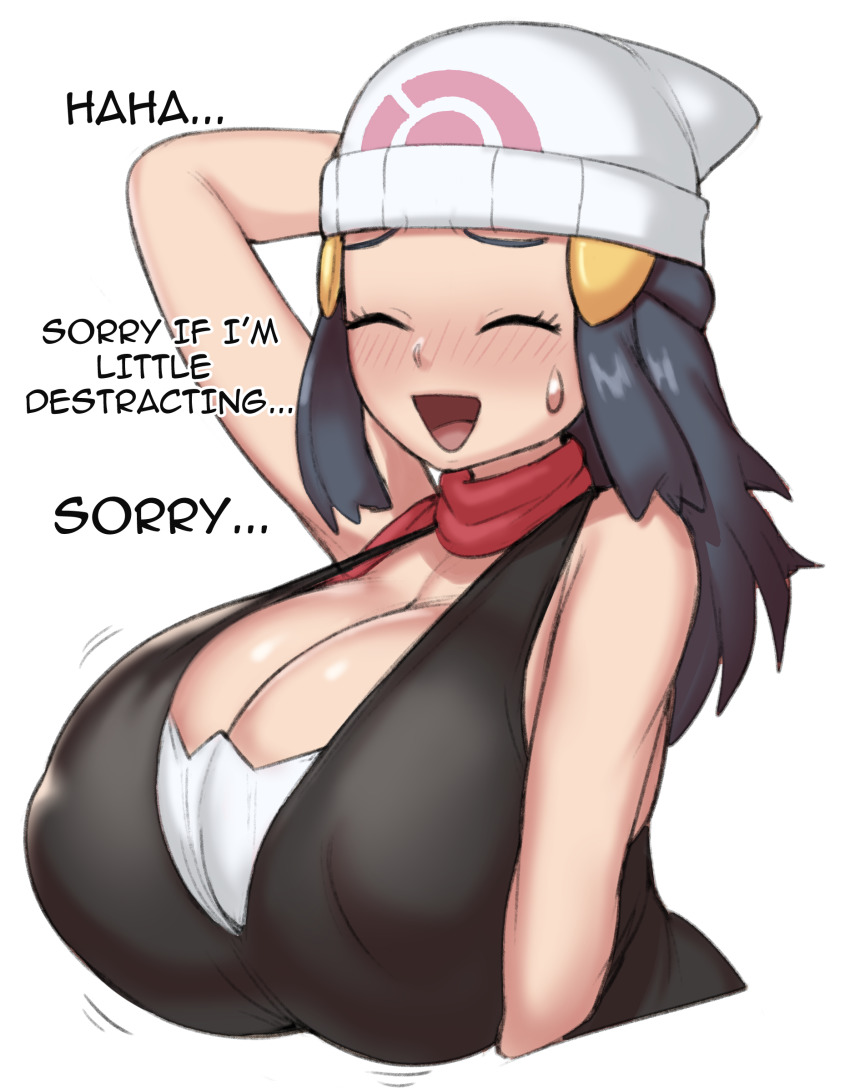 1girl, alternate_breast_size_(larger), bare_shoulders, beanie, blue_hair, blush, breasts, cleavage, closed_eyes, covered_erect_nipples, dawn_(pokemon), english_text, female_focus, greyimpaction, hat, highres, huge_breasts, large_breasts, motion_lines, nintendo, open_mouth, pokemon, pokemon_diamond/pearl/platinum, red_scarf, scarf, simple_background, sleeveless, solo, sweatdrop, talking, upper_body, white_background, yellow_hair_ornament