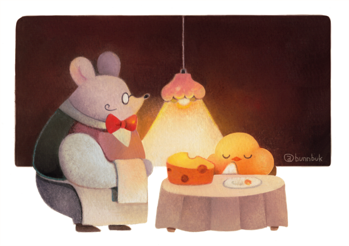 baby_animal, bird, buku_(bunnbuk), cheese, chick, closed_eyes, facial_hair, facing_another