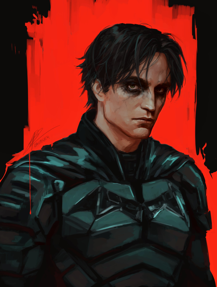 1boy, batman, batman_(series), black_eyes, black_eyeshadow, black_hair, bruce_wayne, dc_comics, expressionless, eyeshadow, head_tilt, highres, looking_at_viewer, makeup, male_focus, omurizer, parted_bangs, realistic, red_background, robert_pattinson, solo, superhero_costume, the_batman_(2022), upper_body