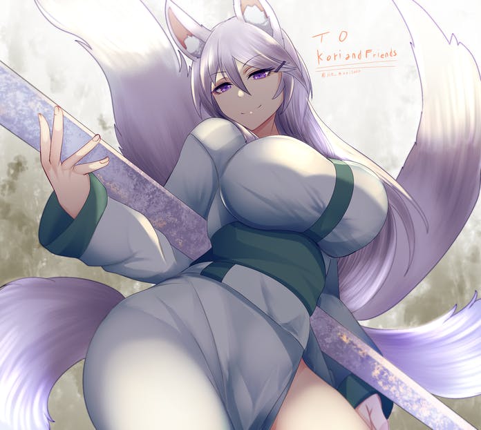 1girl, animal_ears, breasts, fox_ears, fox_girl, fox_tail, gaien_(jin_morisono), hair_ornament