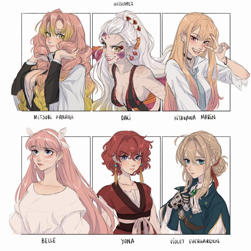 :d, akatsuki_no_yona, barbell_piercing, belle_(ryuu_to_sobakasu_no_hime), blonde_hair, blue_eyes, braid, breasts, choker, daki_(kimetsu_no_yaiba), ear_piercing, earrings, facial_mark, gem, green_eyes, hair_bun, hair_ornament, highres, industrial_piercing, itslopezz, japanese_clothes, jewelry, kanroji_mitsuri, kimetsu_no_yaiba, kitagawa_marin, long_hair, mechanical_arms, mole, mole_under_eye, multicolored_hair, multiple_drawing_challenge, necktie, open_mouth, piercing, pink_hair, red_hair, ribbon, ryuu_to_sobakasu_no_hime, shirt, short_hair, single_hair_bun, single_mechanical_arm, six_fanarts_challenge, smile, sono_bisque_doll_wa_koi_wo_suru, v, violet_evergarden, violet_evergarden_(series), white_hair, white_shirt, yellow_eyes, yona_(akatsuki_no_yona)