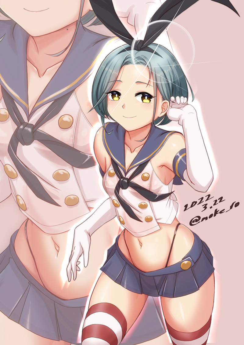 1girl, black_hairband, black_neckerchief, black_panties, blue_skirt, breasts, cosplay, crop_top