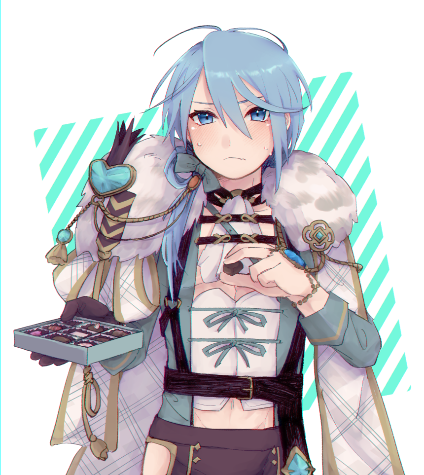 1boy, blue_eyes, blue_hair, blush, chocolate, edmond_(nu_carnival), edmond_(white_lover)_(nu_carnival), food