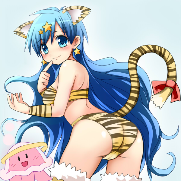 00s, 1girl, animal_ears, animal_print, ass, bikini, blue_eyes, blue_hair