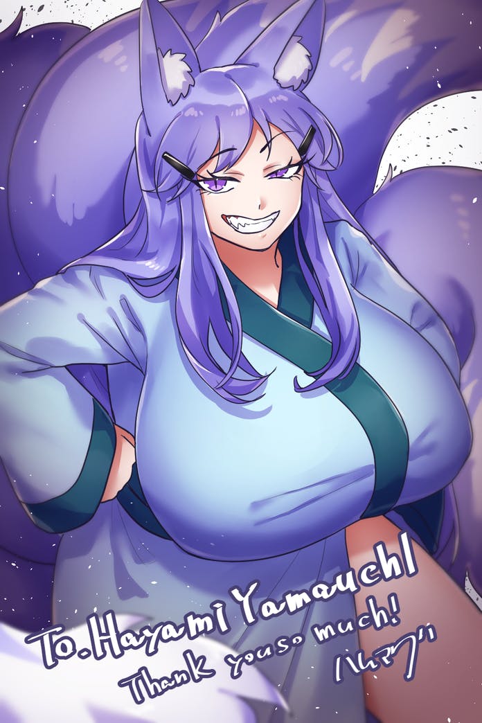 1girl, animal_ears, breasts, fox_ears, fox_girl, fox_tail, hair_ornament, hairclip, hamham_121, hayami_yamauchi_(fovoham_adventurers_guild), japanese_clothes, kimono, kimono_skirt, large_breasts, long_hair, looking_at_viewer, original, purple_eyes, purple_hair, smug, tail, thighs, very_long_hair, weapon