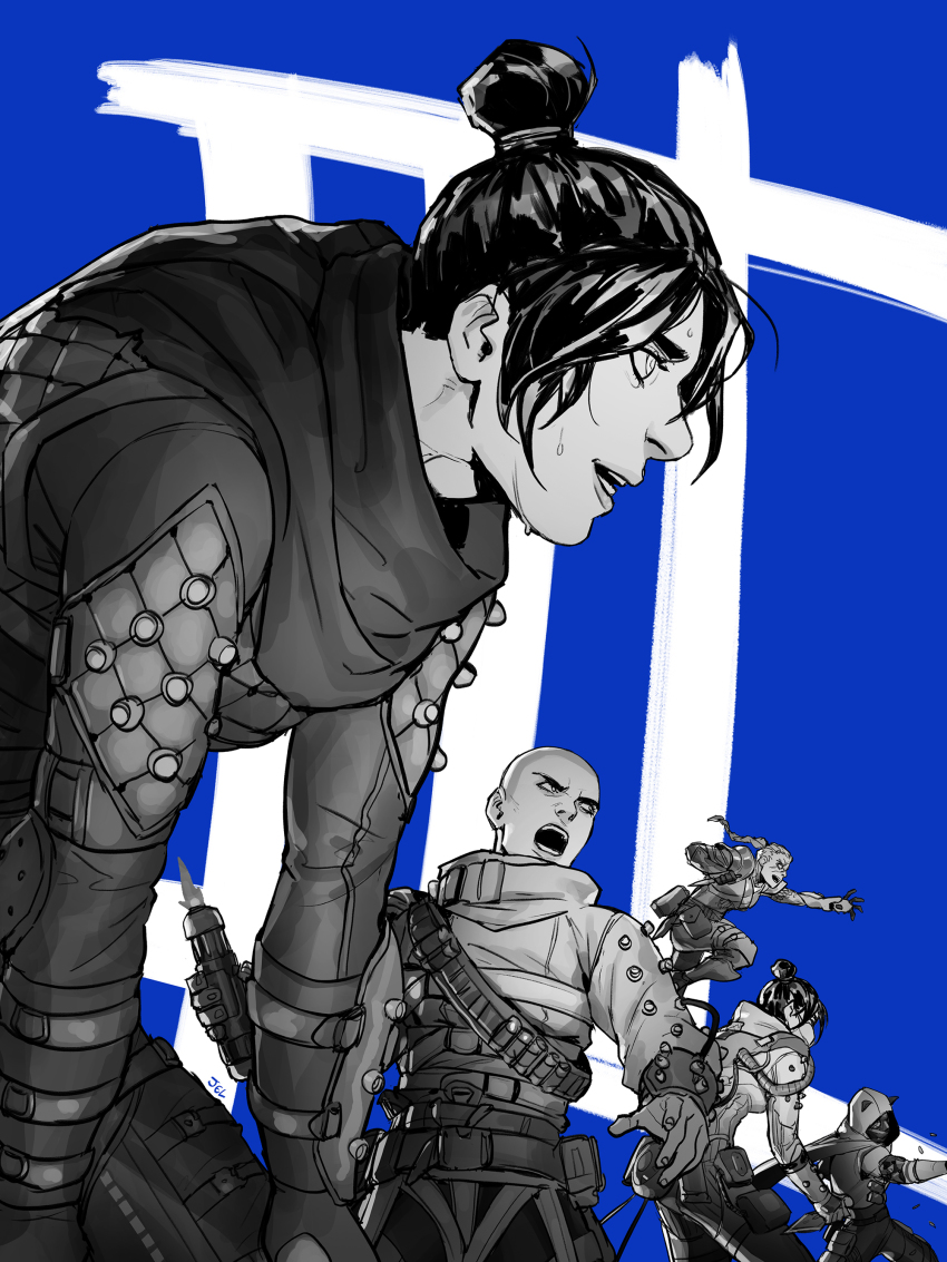 5girls, absurdres, airborne, apex_legends, bald, bald_female, blue_background, bodysuit