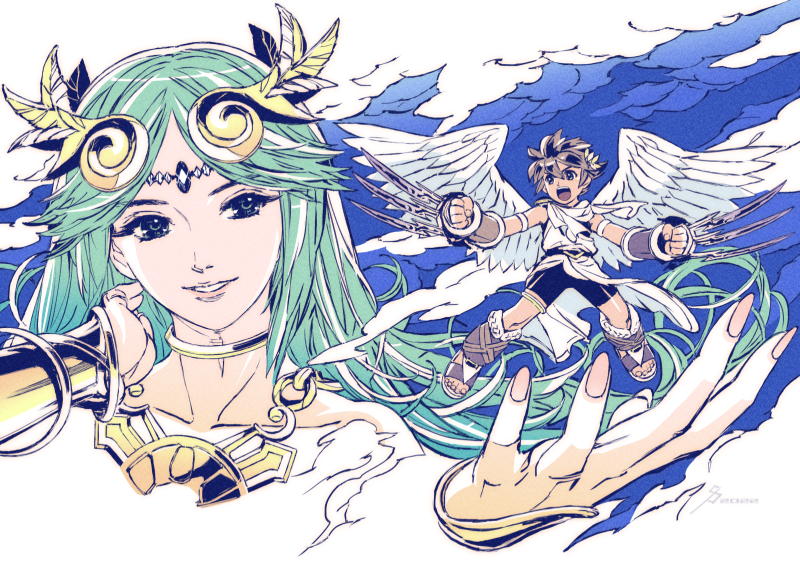 1boy, 1girl, angel, angel_wings, bracer, brown_hair, claw_(weapon), collarbone, cropped_torso, full_body, green_hair, kid_icarus, kid_icarus_uprising, nintendo, noguchi_toshio, open_mouth, palutena, parted_lips, pit_(kid_icarus), sandals, size_difference, smile, tiger_claws_(kid_icarus), weapon, wings