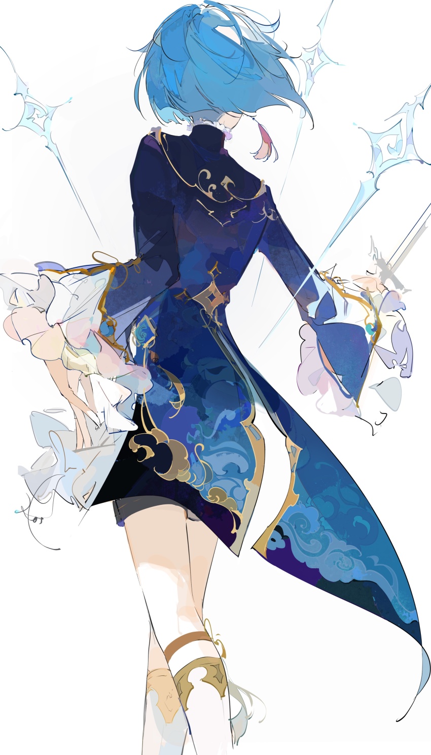 1boy, absurdres, androgynous, blue_hair, commentary, earrings, ezu_(e104mjd), feet_out_of_frame, frilled_sleeves, frills, from_behind, genshin_impact, highres, holding, holding_sword, holding_weapon, jewelry, legs, long_coat, male_focus, short_hair, simple_background, sketch, sleeveless, solo, standing, sword, untranslatable_commentary, tassel, tassel_earrings, weapon, white_background, xingqiu_(genshin_impact)