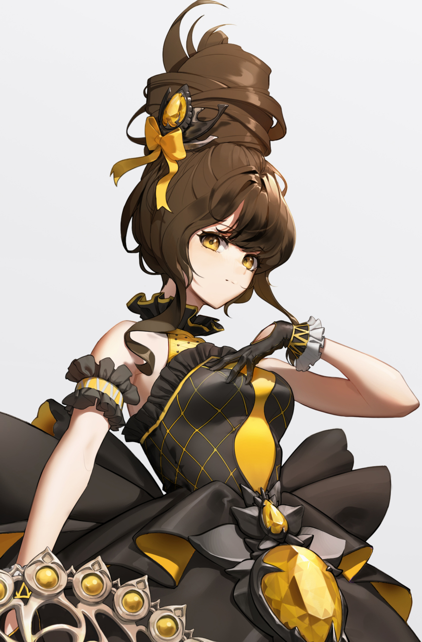 1girl, absurdres, armband, bare_shoulders, black_gloves, bow, brown_hair, closed_mouth, clothing_cutout, collarbone, covered_collarbone, cropped, fantasy, frilled_armband, frilled_gloves, frills, gem, gloves, gradient_background, grey_background, hair_bow, hand_on_own_chest, highres, lima17, long_hair, looking_at_viewer, magical_girl, original, polka_dot, solo, yellow_bow, yellow_eyes