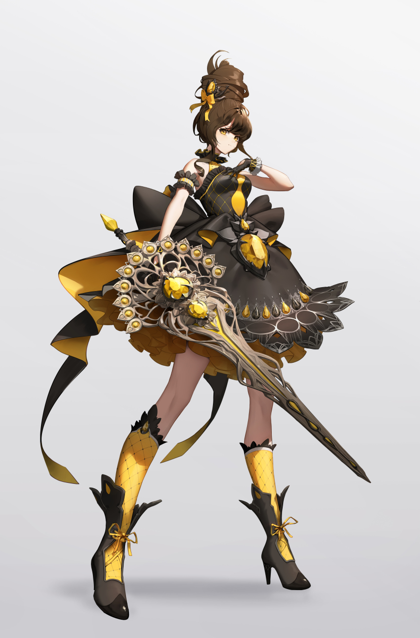 1girl, absurdres, armband, bare_shoulders, black_dress, black_footwear, black_gloves, bow, brown_hair, closed_mouth, clothing_cutout, collarbone, covered_collarbone, dress, fantasy, frilled_armband, frilled_gloves, frills, gem, gloves, gradient_background, grey_background, hair_bow, hand_on_own_chest, highres, holding, holding_sword, holding_weapon, lima17, long_hair, looking_at_viewer, magical_girl, original, polka_dot, ribbon, solo, standing, sword, weapon, yellow_bow, yellow_eyes, yellow_ribbon
