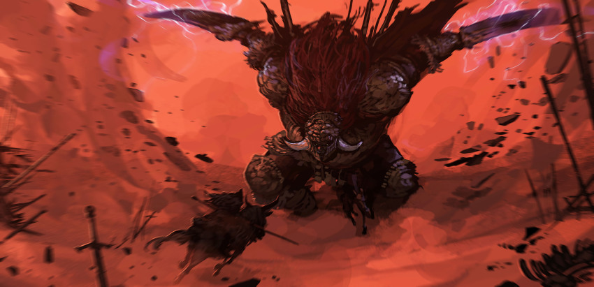 1boy, 1other, absurdres, ambiguous_gender, armor, attack, banner, battle