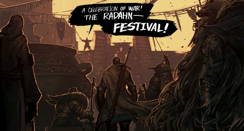 absurdres, ambiguous_gender, animal_head, animal_nose, arm_up, armor, blaidd_the_half-wolf, breastplate, cape, cloak, elden_ring, embers, english_text, from_behind, full_armor, fur_cloak, furry, furry_male, gauntlets, great_horned_tragoth, greatsword, helm, helmet, highres, holding, holding_weapon, hood, hooded_robe, iron_fist_alexander, lionel_the_lionhearted, living_jar_(elden_ring), looking_at_another, outdoors, pauldrons, plate_armor, rapier, robe, shield, shoulder_armor, shouting, silhouette, sitting, snout, standing, sword, tarnished_(elden_ring), the_g_(bhu204), vagabond_(elden_ring), weapon, weapon_on_back, witch-hunter_jerren