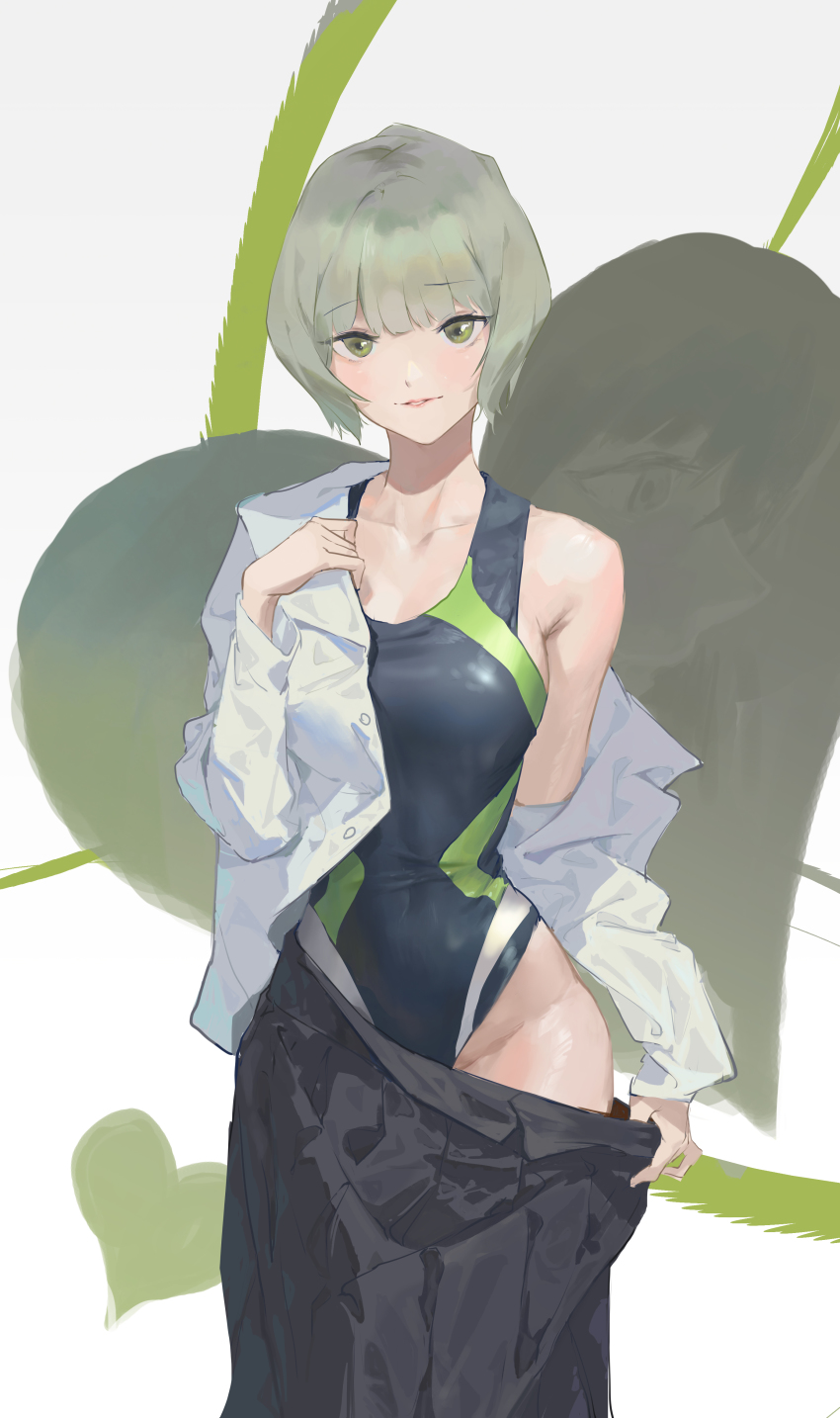 1girl, absurdres, akebi-chan_no_serafuku, black_skirt, blue_one-piece_swimsuit, competition_swimsuit, dress_shirt, grey_eyes