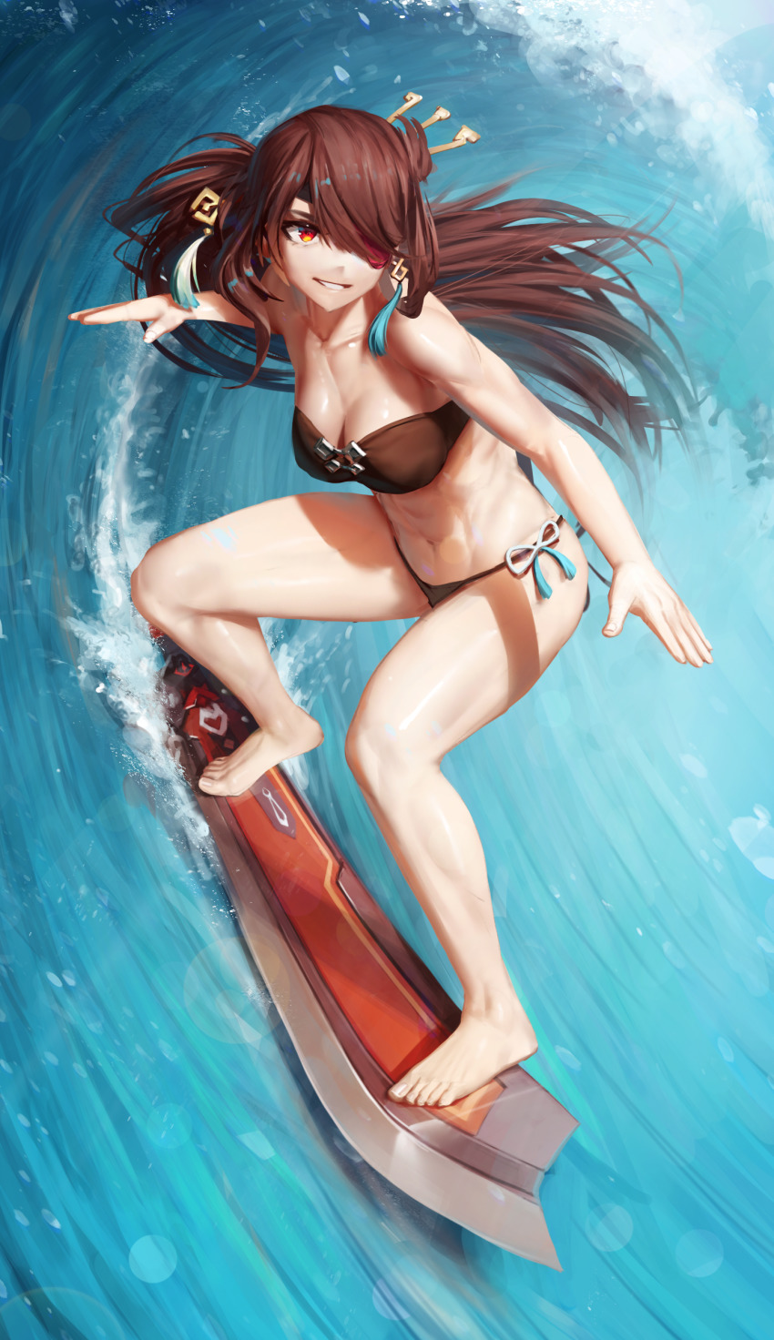 1girl, abs, absurdres, armpits, asymmetrical_bangs, barefoot, beach, beidou_(genshin_impact), bikini, black_bikini, breasts, brown_bikini, brown_hair, claymore_(sword), cleavage, collarbone, colored_eyepatch, day, earrings, epic, eyelashes, eyepatch, feet, female_focus, fingernails, full_body, genshin_impact, hair_ornament, hair_over_one_eye, happy, heel_up, highres, jewelry, large_breasts, legs, long_hair, long_image, looking_away, midriff, mihoyo, navel, neck, numanoan, ocean, outdoors, outstretched_arms, parted_lips, pendant, pirate_costume, red_eyes, shiny_skin, side-tie_bikini_bottom, sidelocks, single_earring, sky, smile, smirk, soles, spread_arms, standing_on_sword, strapless, strapless_bikini, summer, surfboard, surfing, swimsuit, tall_image, tiptoes, toenails, toes, tomboy, water, waves, wet, wind, wind_lift