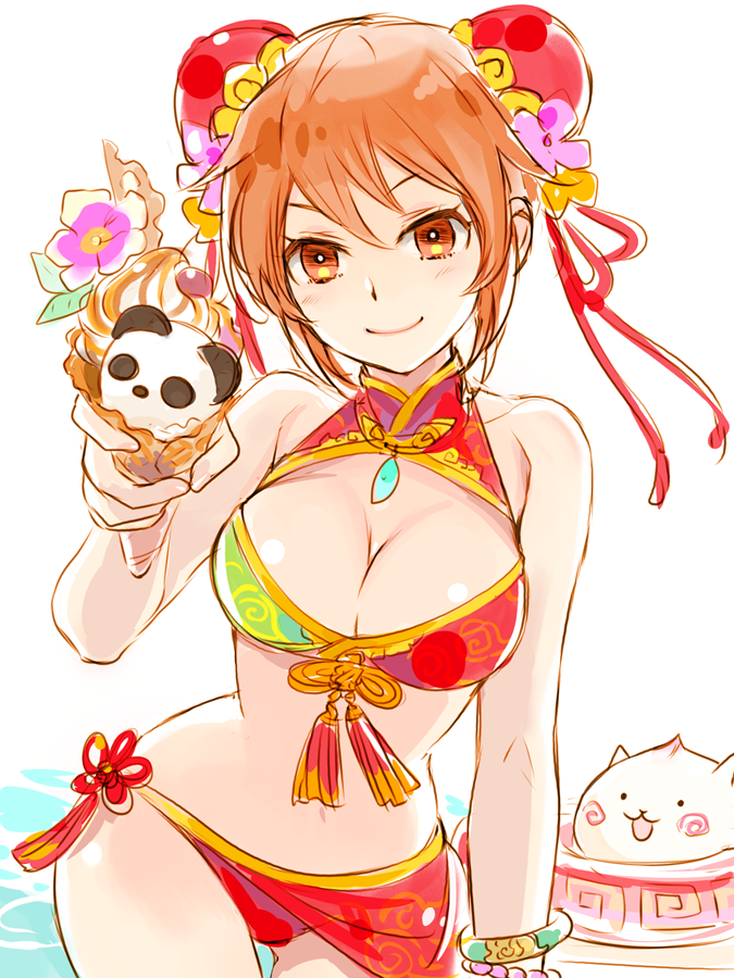 1girl, bikini, bracelet, breasts, cat_(nyanko_daisensou), dumpling, elico_nya, flower