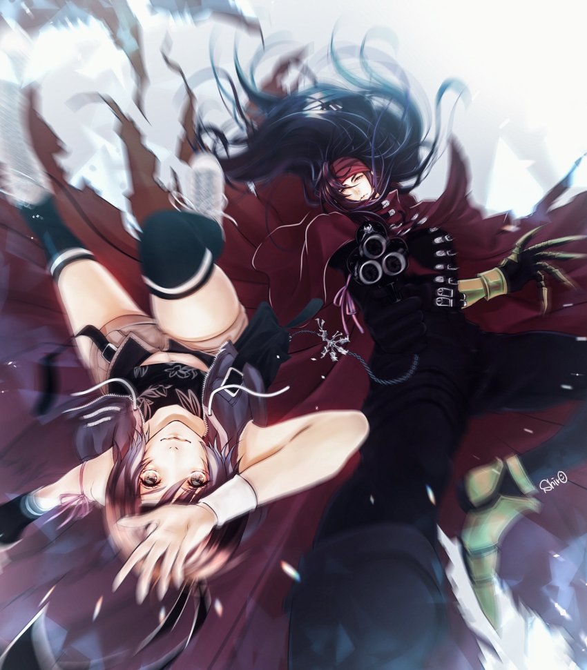 1boy, 1girl, boots, clawed_gauntlets, cloak, crop_top, falling, final_fantasy