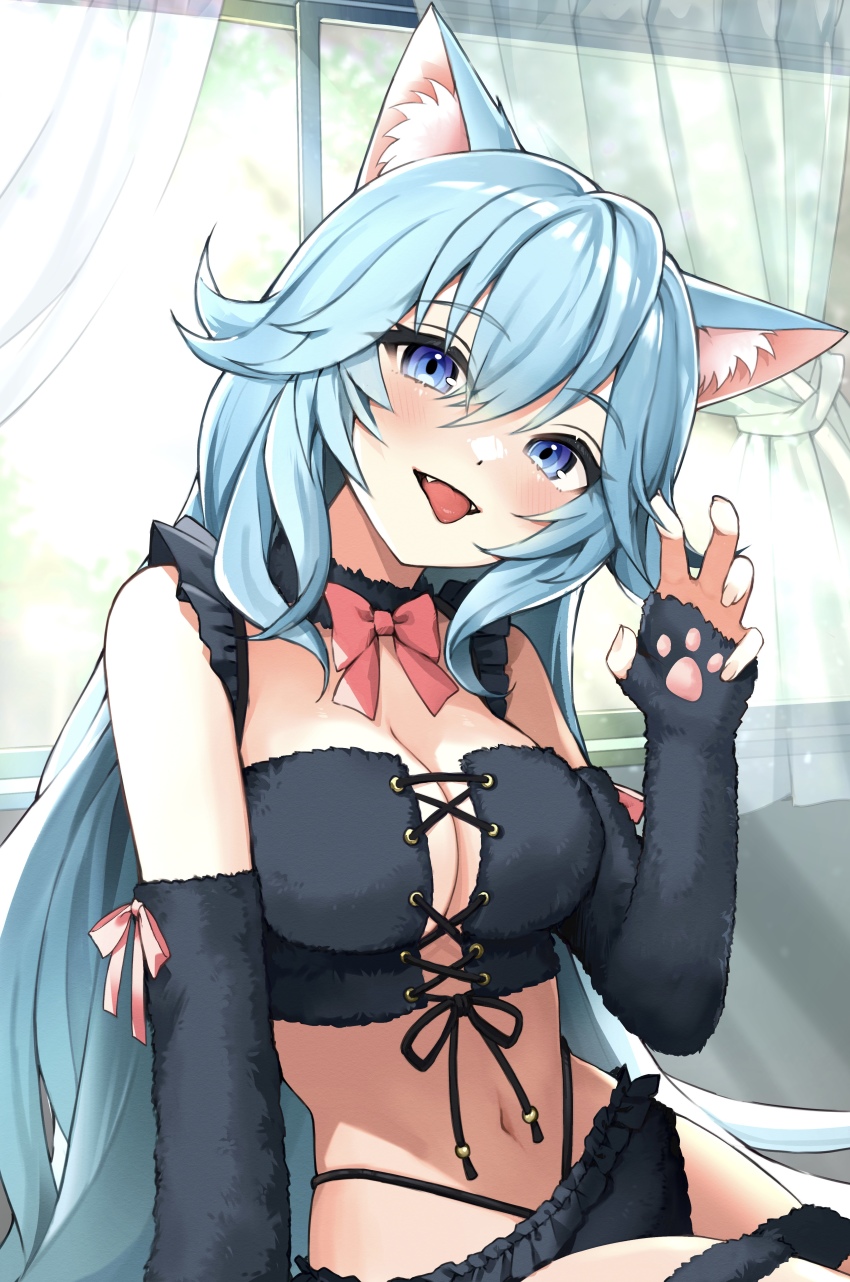 1girl, :d, absurdres, animal_ear_fluff, animal_ears, aqua_hair, bare_shoulders, black_bra, black_choker, black_panties, blue_eyes, blue_hair, bow, bowtie, bra, breasts, cat_ears, choker, claw_pose, cleavage, curtains, detached_sleeves, fangs, frilled_bra, frilled_panties, frills, hand_up, head_tilt, highleg, highres, indie_virtual_youtuber, indoors, kanase_ito, large_breasts, lingerie, long_hair, long_sleeves, looking_at_viewer, midriff, navel, open_mouth, panties, smile, solo, stomach, tate_yukimi, thigh_strap, tongue, tongue_out, underwear, underwear_only, very_long_hair, virtual_youtuber, window