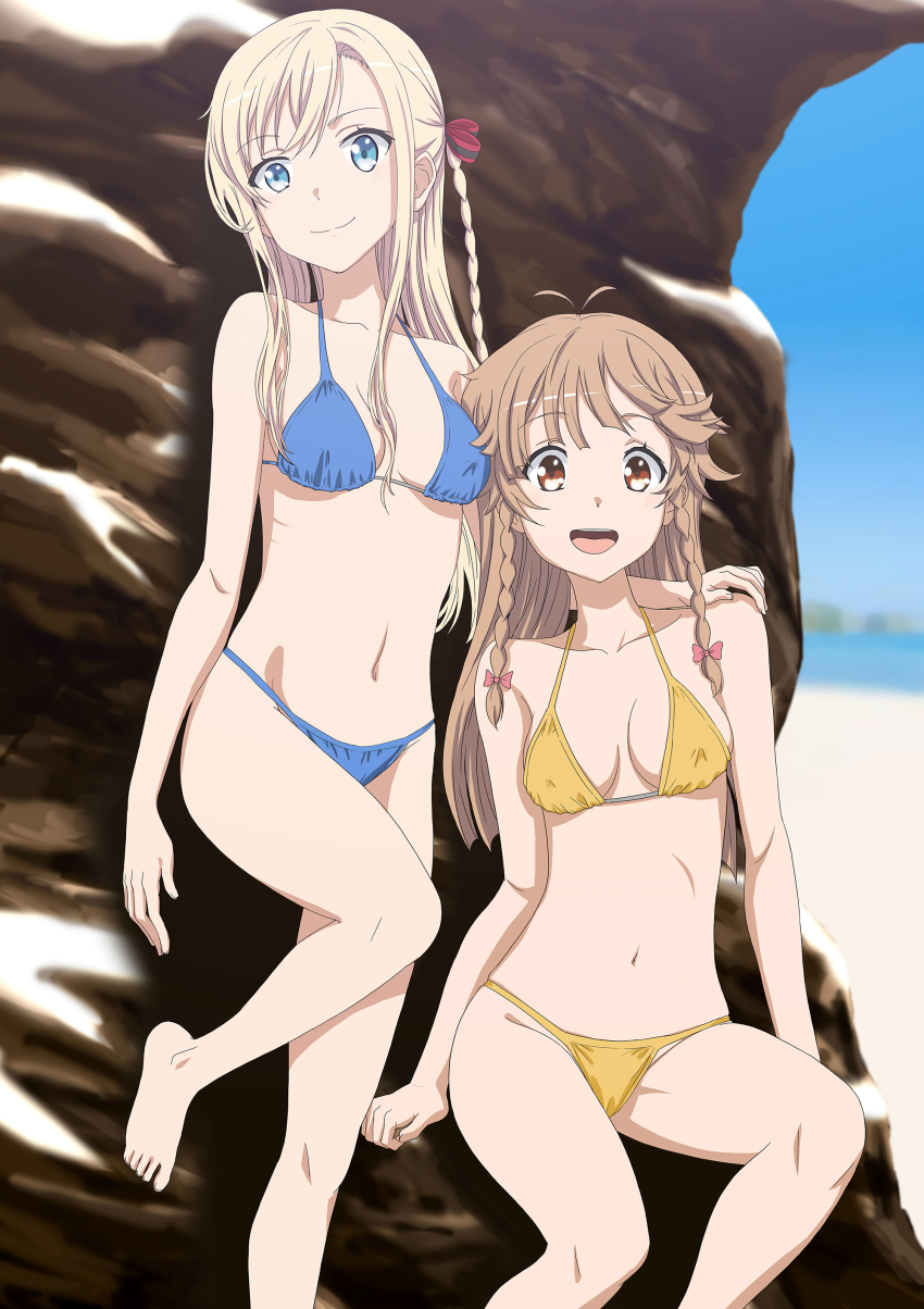 2girls, absurdres, bikini, blonde_hair, blue_bikini, blue_eyes, bow, braid, breasts, brown_hair, charka, commission, hair_bow, hand_on_another's_shoulder, high_school_fleet, highres, long_hair, multiple_girls, navel, nosa_kouko, orange_eyes, pixiv_commission, red_bow, smile, standing, swimsuit, wilhelmina_braunschweig_ingenohl_friedeburg, yellow_bikini