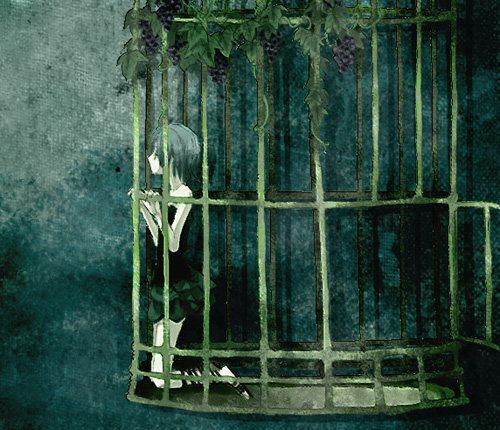 1girl, alternate_hair_length_(shorter), alternate_hairstyle, aqua_hair, cage, female_focus, full_body, hatsune_miku