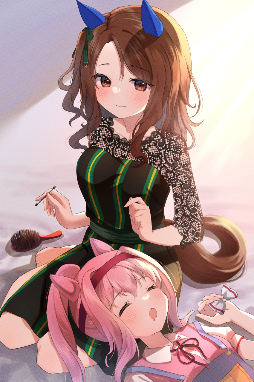 2girls, absurdres, animal_ears, bed_sheet, black_dress, blush, bow, breasts
