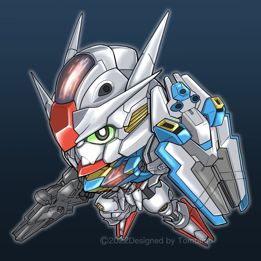 artist_name, beam_rifle, black_eyes, blue_background, chibi, colored_sclera, commentary, dark_background, energy_gun, gradient_background, green_sclera, gundam, gundam_aerial, gundam_suisei_no_majo, highres, looking_at_viewer, mecha, mobile_suit, no_humans, robot, sd_gundam, shield, solo, tomutamo, v-fin, watermark, weapon