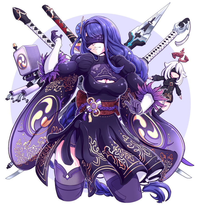 2b_(nier:automata), 2b_(nier:automata)_(cosplay), 2girls, 9s_(nier:automata)_(cosplay), black_leotard, blindfold, breasts, cleavage