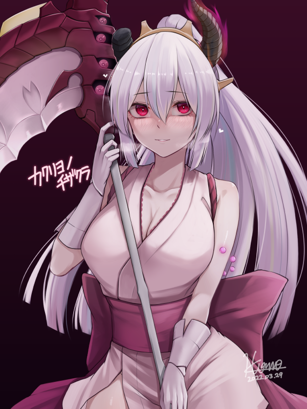 1girl, back_bow, blue_hair, bow, breasts, breath, broken_horn, character_name