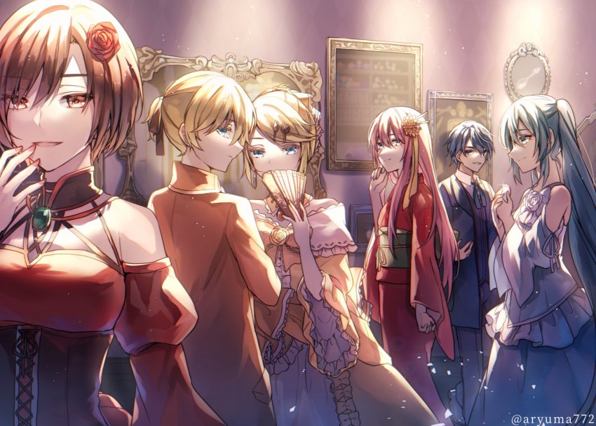 2boys, 4girls, allen_avadonia, aqua_eyes, aqua_hair, aryuma772, banica_conchita, bare_shoulders