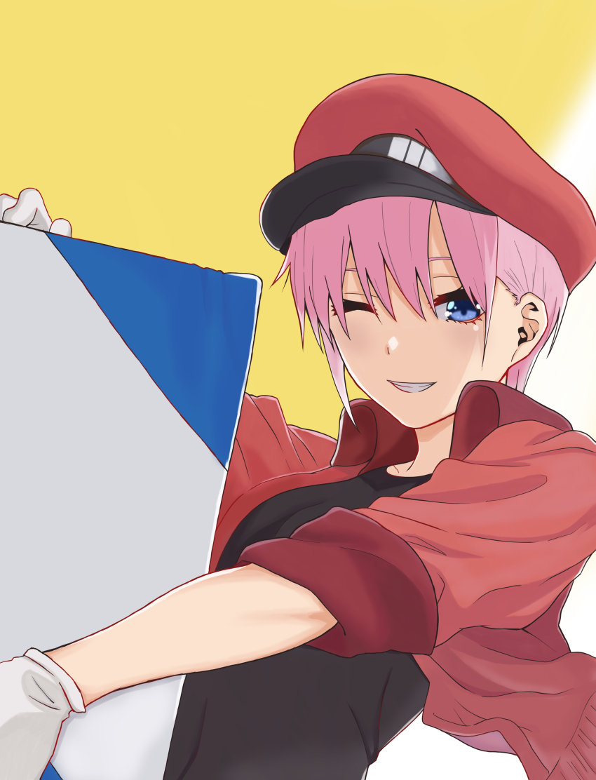 1girl, absurdres, ae-3803, ae-3803_(cosplay), black_shirt, blue_eyes, collarbone, cosplay, gloves, go-toubun_no_hanayome, grin, hat, hataraku_saibou, highres, jacket, kouta(34765766), nakano_ichika, one_eye_closed, open_clothes, open_jacket, pink_hair, red_hat, red_jacket, shirt, short_hair, sleeves_rolled_up, smile, solo, upper_body, voice_actor_connection, white_gloves, wing_collar