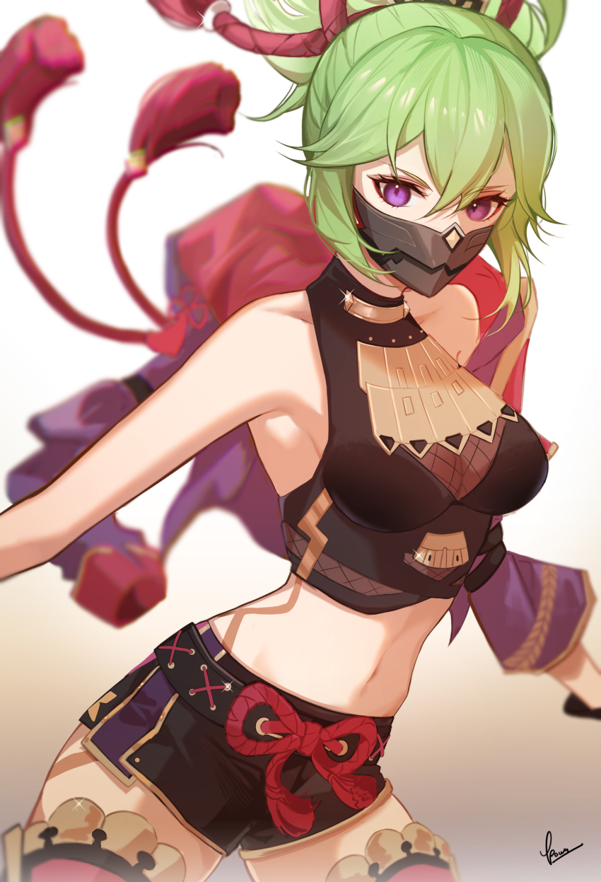 1girl, absurdres, arm_out_of_sleeve, armpits, bare_shoulders, belt, black_belt, black_gloves, black_shirt, black_shorts, breasts, cleavage, collarbone, commentary, covered_mouth, cowboy_shot, crop_top, fishnet_top, fishnets, genshin_impact, gloves, green_hair, groin, hair_between_eyes, hair_ornament, highres, jacket, kawausoman, kuki_shinobu, long_sleeves, looking_at_viewer, mask, medium_breasts, midriff, mouth_mask, navel, open_clothes, open_jacket, ponytail, purple_eyes, purple_jacket, purple_rope, rope, shimenawa, shirt, short_shorts, shorts, sidelocks, signature, simple_background, sleeveless, sleeveless_shirt, solo, standing, thighhighs, white_background