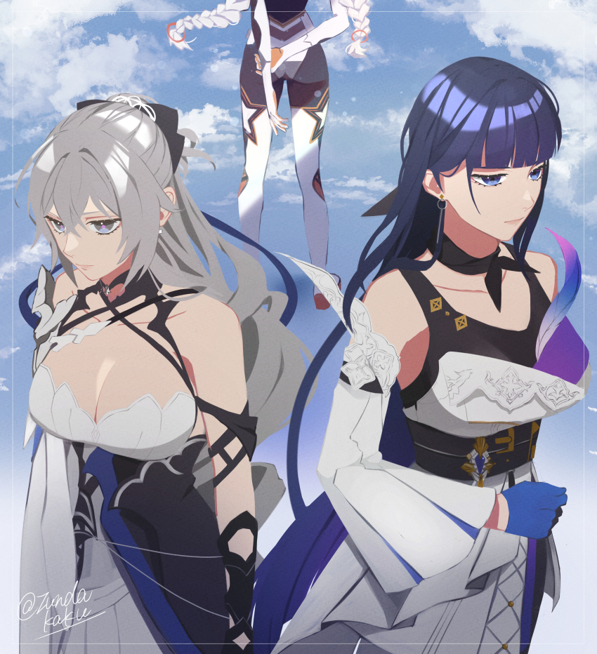 3girls, absurdres, asymmetrical_clothes, bare_shoulders, blue_eyes, blue_gloves, blue_hair, braid
