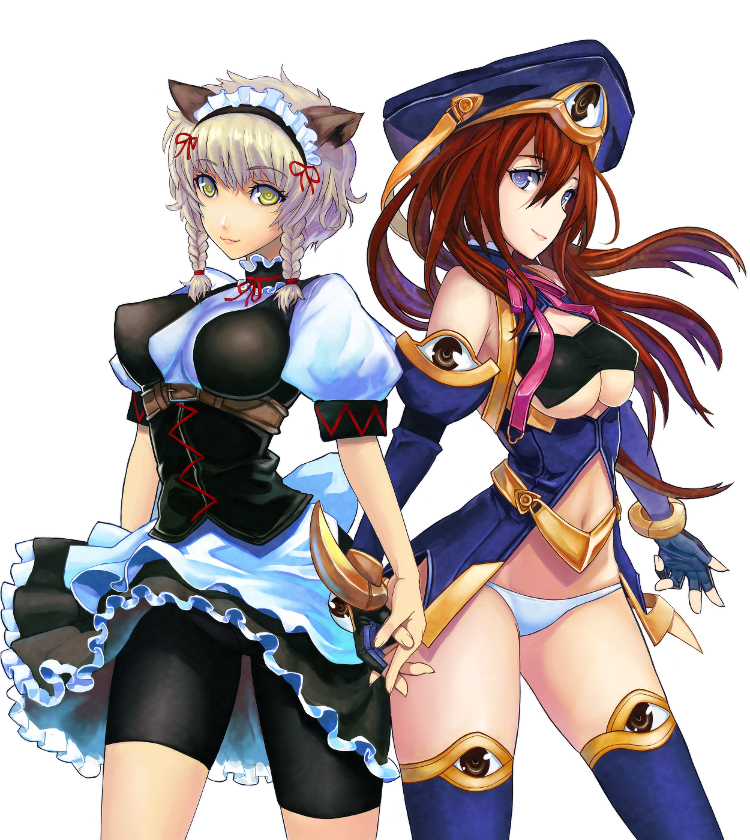 2girls, 5pb., amane_suzuha, animal_ears, bad_id, bad_pixiv_id, bike_shorts, blood_tune, blue_eyes, braid, chaos;head, chikokuma, company_connection, cosplay, elbow_gloves, fingerless_gloves, gloves, hat, holding_hands, makise_kurisu, multiple_girls, nitroplus, panties, red_hair, ringed_eyes, science_adventure, seira_orgel, seira_orgel_(cosplay), seira_orgel_(post-awakening), short_hair, silver_hair, skirt, steins;gate, thighhighs, twin_braids, underwear, yellow_eyes