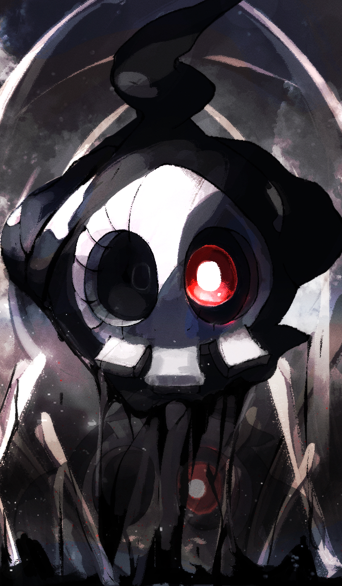arms_behind_back, dark_background, duskull, floating, gen_3_pokemon, glowing, glowing_eye, highres, looking_at_viewer, nintendo, no_humans, pemuchi_(chikuwa_3296), pokemon, pokemon_(creature), red_eyes, reflection, shadow, solo