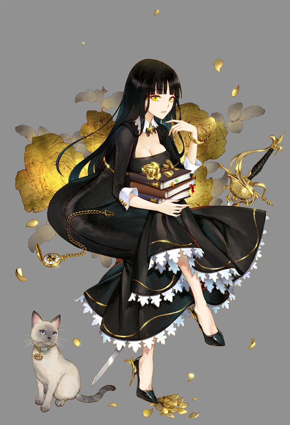 1girl, animal, black_dress, black_hair, black_shoes, blue_eyes, blunt_bangs, book