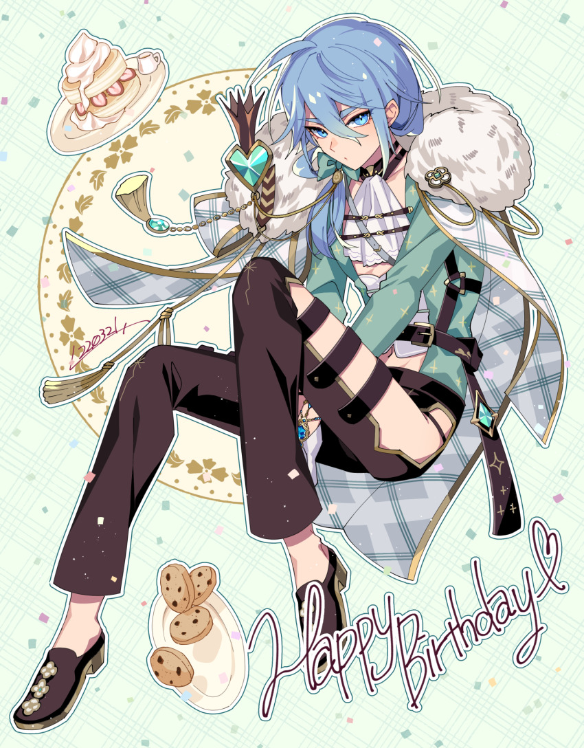 1boy, birthday, blue_background, blue_eyes, blue_hair, cake, cookie, edmond_(nu_carnival)