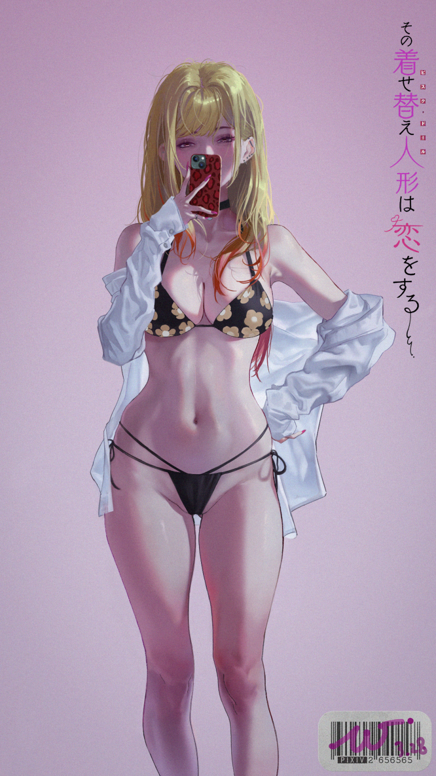 1girl, barbell_piercing, barcode, bare_shoulders, bikini, bikini_under_clothes, black_bikini, blonde_hair