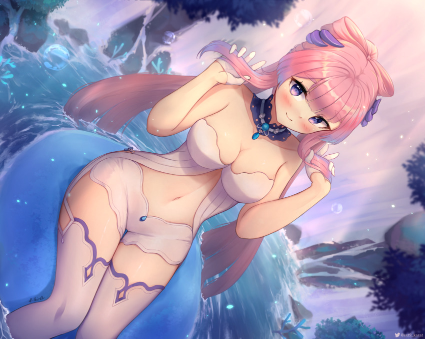 1girl, bare_shoulders, blunt_bangs, blush, breasts, cleavage, d.birb, detached_collar, genshin_impact, gloves, hair_ornament, half-closed_eyes, hand_in_own_hair, highres, long_hair, looking_at_viewer, medium_breasts, midriff, navel, pink_hair, purple_eyes, sangonomiya_kokomi, short_shorts, shorts, sitting, thighhighs, thighs, twintails, water, water_drop, waterfall, white_gloves, white_shorts, white_thighhighs