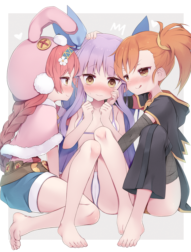 3girls, :q, animal_ears, animal_hat, arashiya, barefoot, belt, bikini