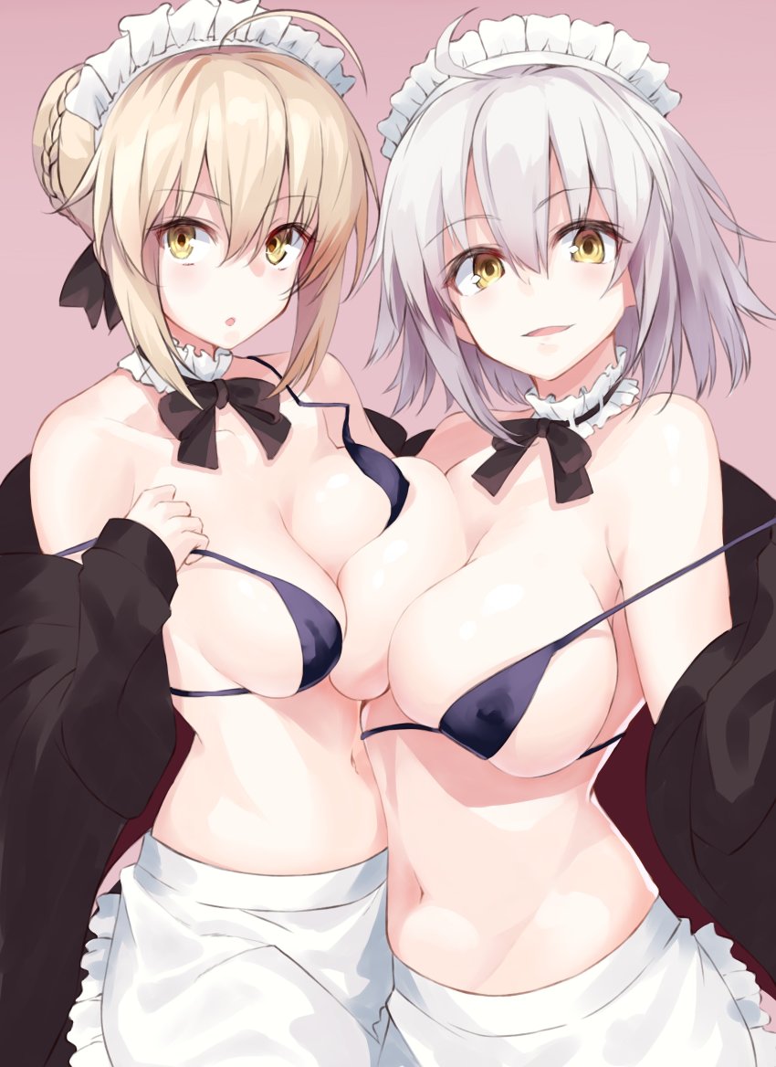 2girls, absurdres, ahoge, apron, artoria_pendragon_(fate), asymmetrical_docking, bare_shoulders, bikini