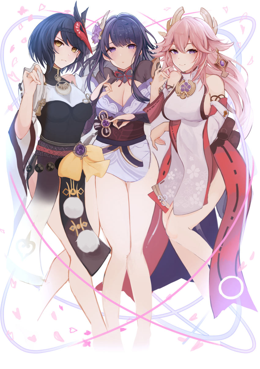 3girls, absurdres, akao_kito, bare_shoulders, black_hair, breasts, cleavage, detached_sleeves, full_body, genshin_impact, hair_ornament, heart, highres, japanese_clothes, kimono, kujou_sara, large_breasts, legs, long_hair, long_sleeves, looking_at_viewer, mask, mask_on_head, multiple_girls, nontraditional_miko, purple_eyes, purple_hair, raiden_shogun, short_hair, simple_background, white_background, wide_sleeves, yae_miko